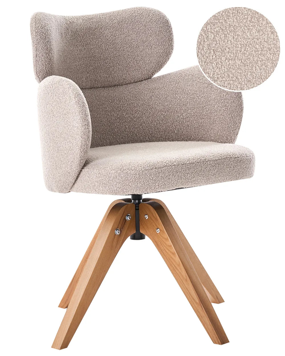A modern upholstered swivel chair with a textured beige bouclé seat and back, curved armrests, and a natural wood four-star base, shown on a white background with a circular fabric detail inset.