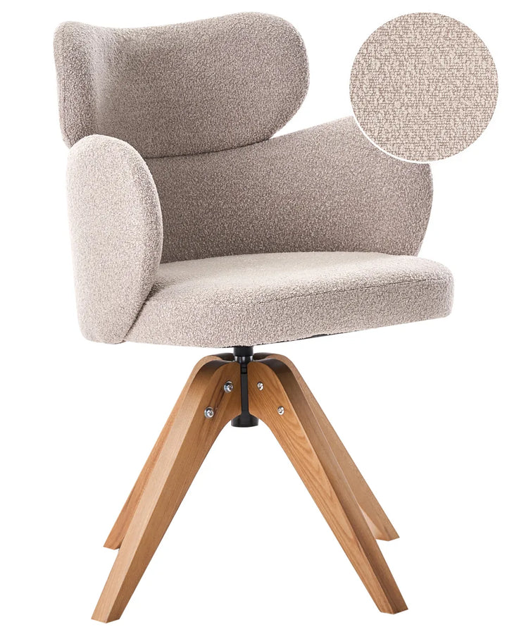 A modern upholstered swivel chair with a textured beige bouclé seat and back, curved armrests, and a natural wood four-star base, shown on a white background with a circular fabric detail inset.