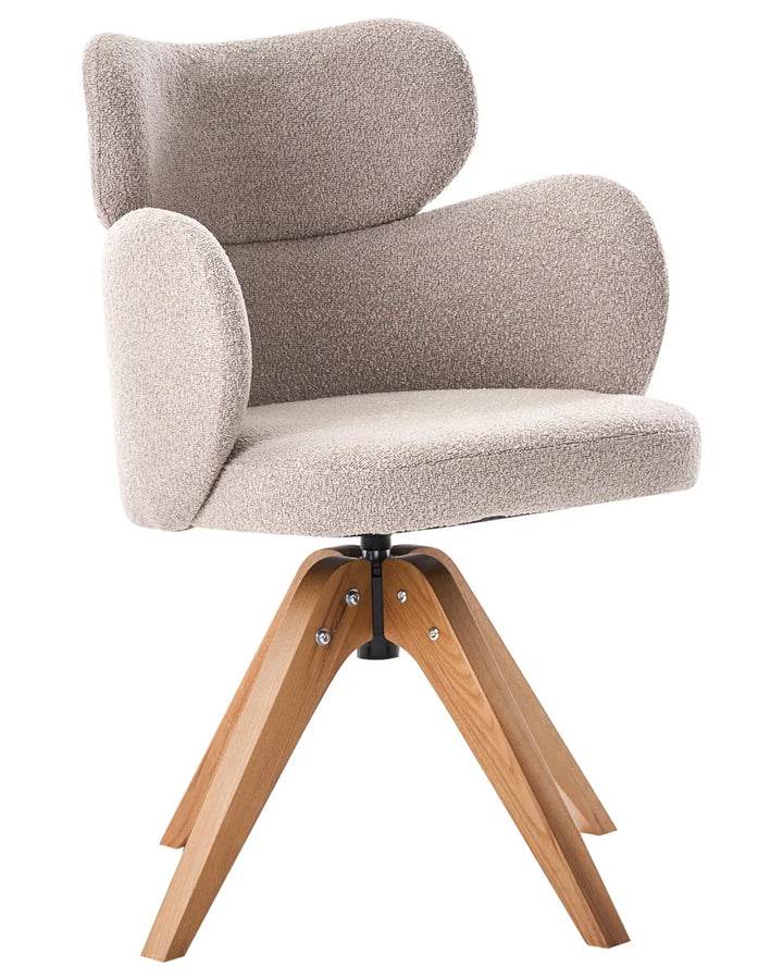 A modern swivel dining chair with a textured beige bouclé upholstered seat and curved backrest, supported by a natural wood four-star base.