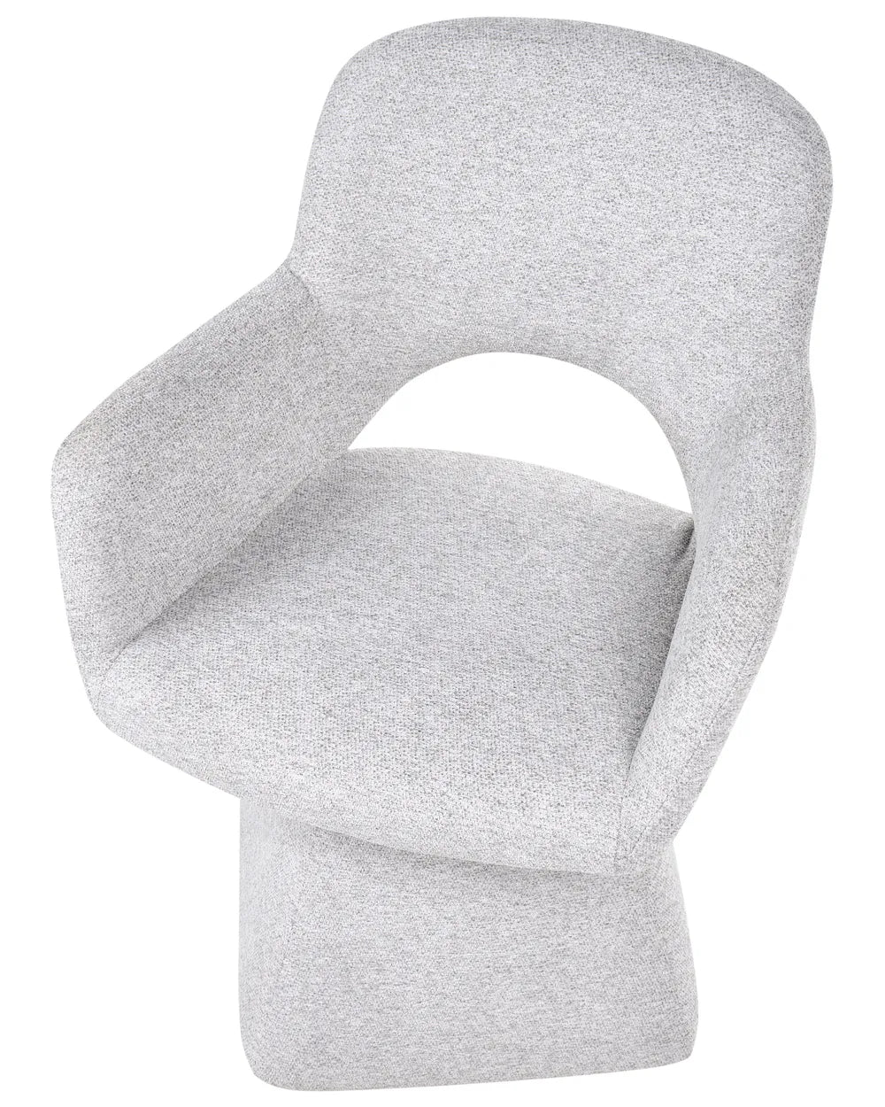 A modern upholstered accent chair in light gray heather fabric, featuring a unique curved backrest with a central cutout and integrated armrests, set against a plain white background.