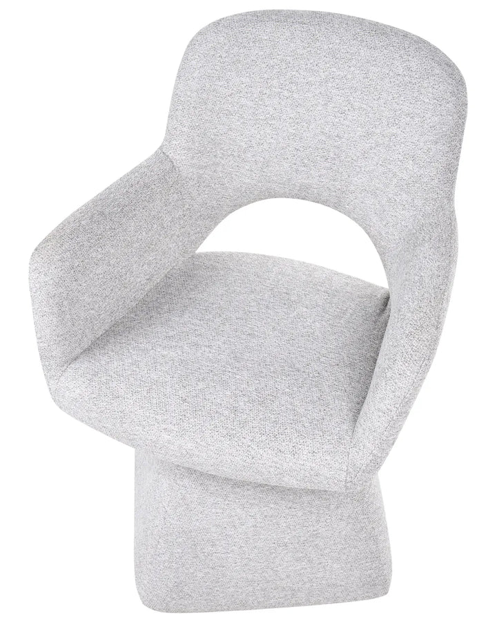 A modern upholstered accent chair in light gray heather fabric, featuring a unique curved backrest with a central cutout and integrated armrests, set against a plain white background.
