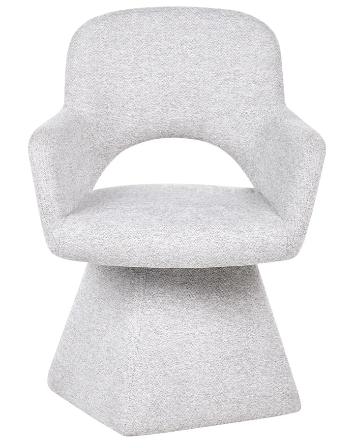 A modern molded seat and back chair upholstered in a light gray heathered fabric, shown against a plain white background.