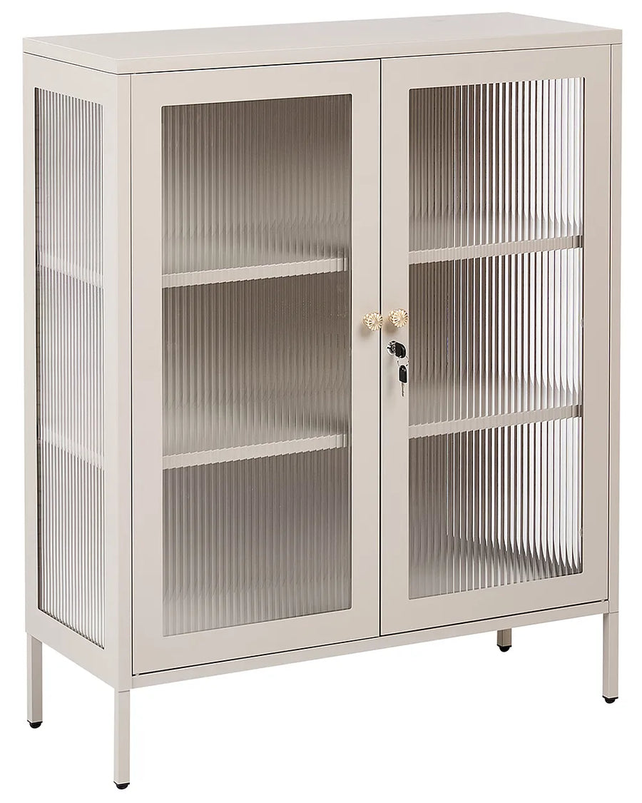A tall, narrow storage cabinet with two doors featuring vertical ribbed glass panels, two interior shelves, and small metal legs, shown on a plain white background.