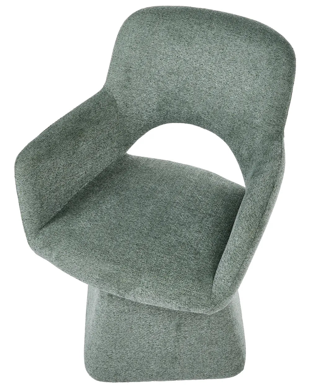 A modern upholstered accent chair in a textured sage green fabric, featuring a curved backrest, integrated armrests, and a sculptural pedestal base, shown against a plain white background.