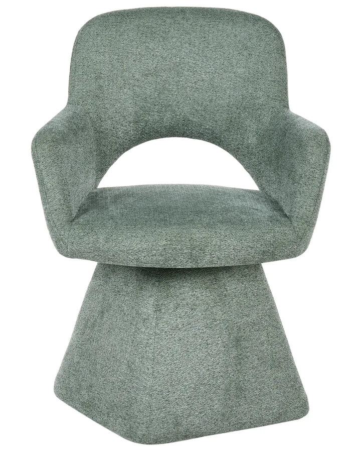 A modern molded seat and back chair upholstered in a textured sage green fabric, isolated on a white background.