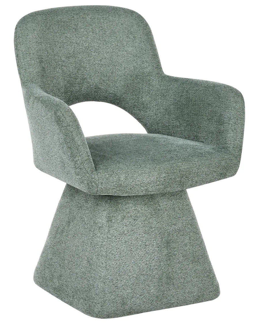 A modern upholstered accent chair with a sculptural molded base and integrated armrests, upholstered in a textured sage green fabric, shown against a plain white background.