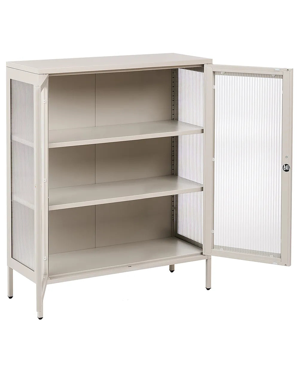 A light gray metal storage cabinet with three interior shelves and an open door featuring vertical corrugated glass panels, shown on a white background.