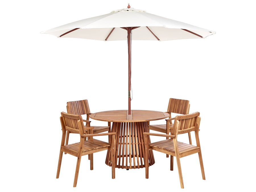 Agello Garden Dining Set 4 Seater with Parasol Acacia Wood Brown