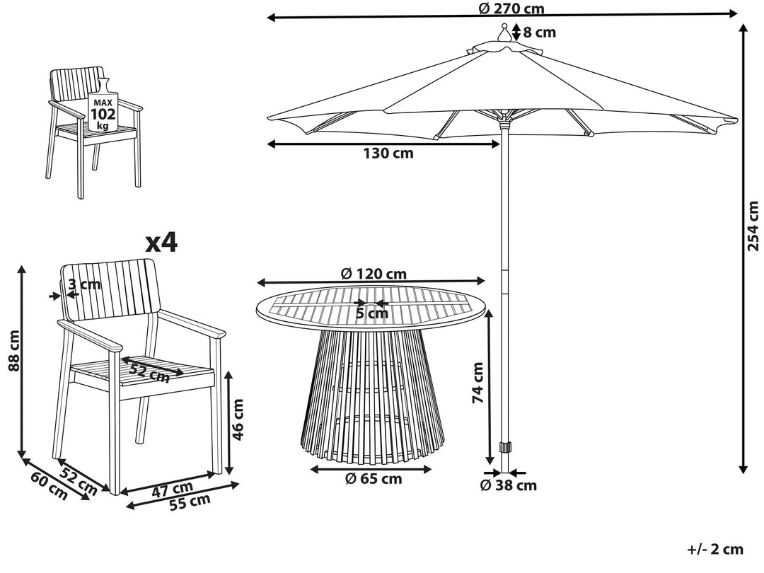 Agello Garden Dining Set 4 Seater with Parasol Acacia Wood Brown