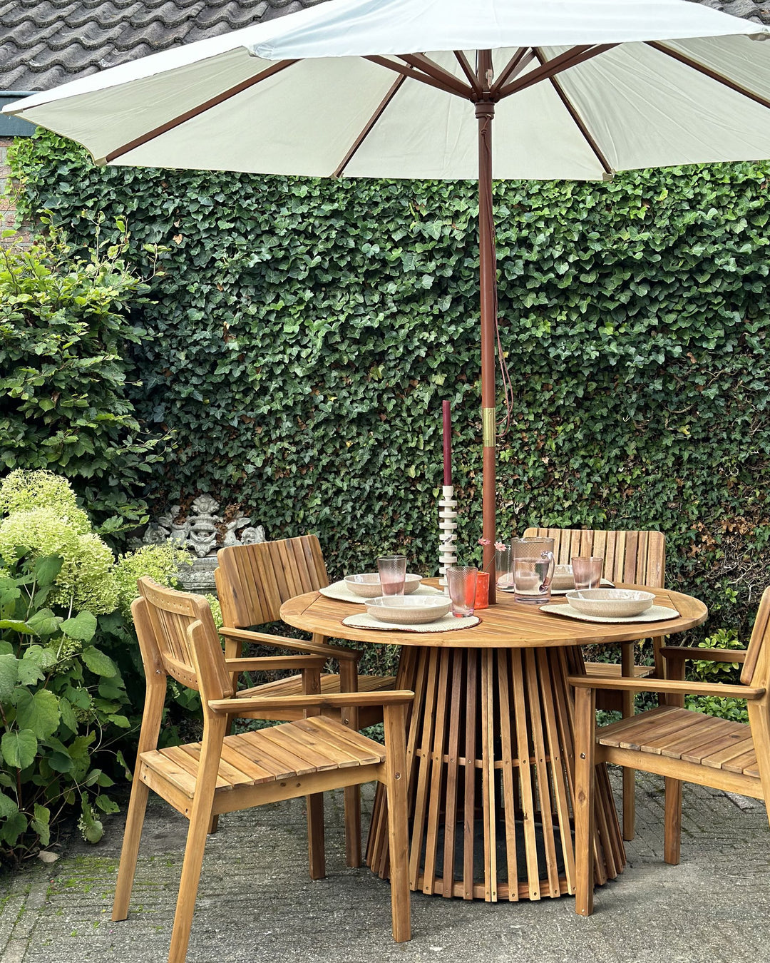 Agello Garden Dining Set 4 Seater with Parasol Acacia Wood Brown