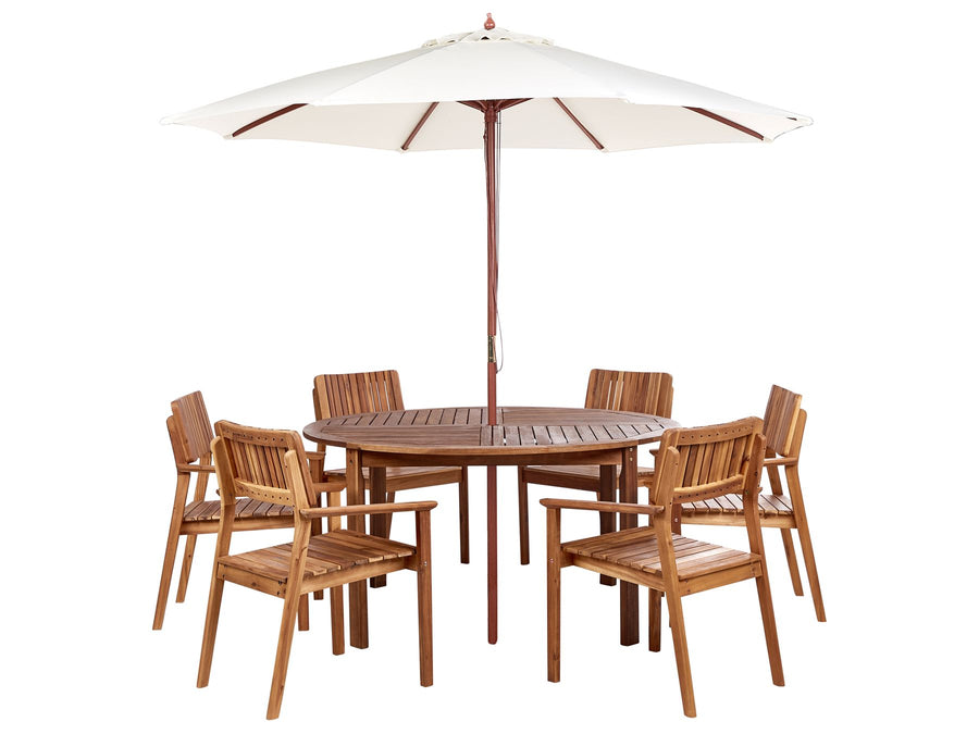 Agello Garden Dining Set 6 Seater with Parasol Acacia Wood Brown