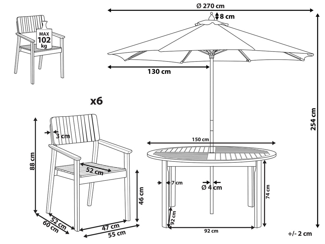 Agello Garden Dining Set 6 Seater with Parasol Acacia Wood Brown