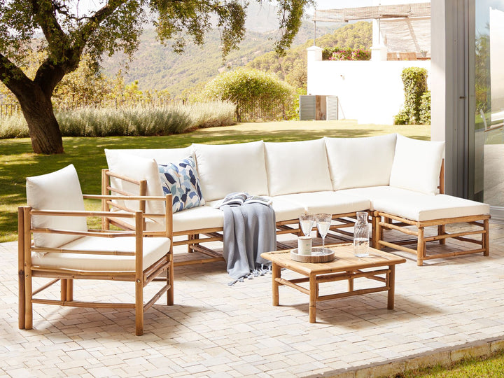 Cerreto Garden Lounge Set with Table 6 Seater Left Hand Bamboo Wood Off-White
