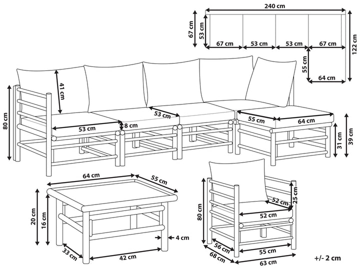 Cerreto Garden Lounge Set with Table 6 Seater Left Hand Bamboo Wood Off-White