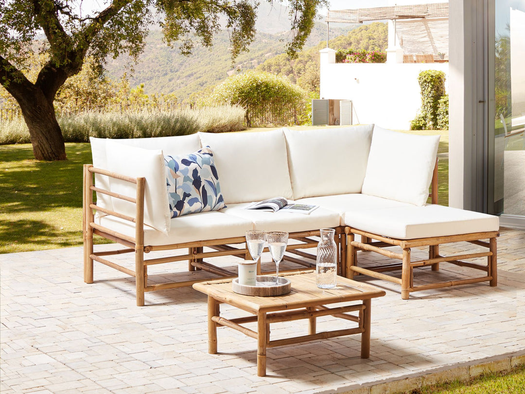 Cerreto Garden Corner Sofa with Table 4 Seater Left Hand Bamboo Wood Off-White