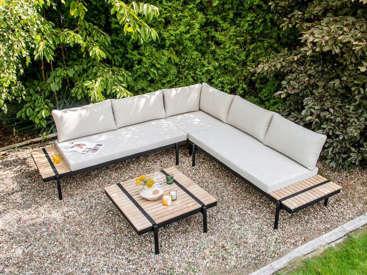 Bellariva Garden Corner Sofa with Table 5 Seater Eucalyptus Wood Off-White