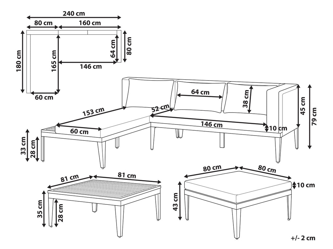 Bracciano Garden Lounge Set with Table and Ottoman 3 Seater Right Hand Certified Acacia Wood Light Beige
