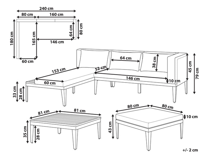 Bracciano Garden Lounge Set with Table and Ottoman 3 Seater Right Hand Certified Acacia Wood Light Beige