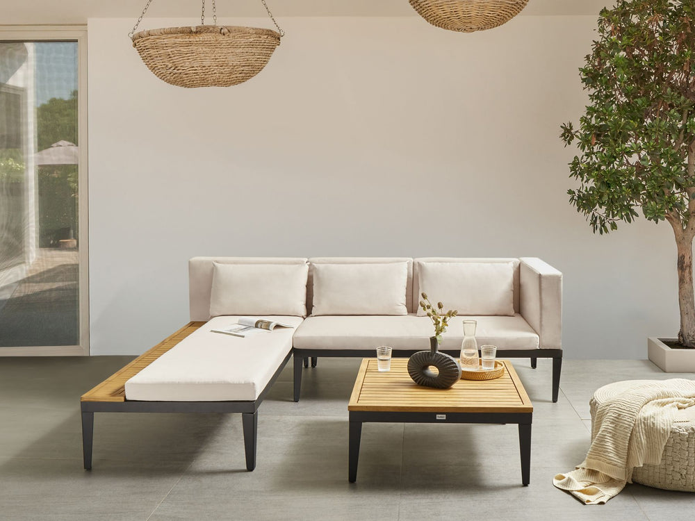 Bracciano Garden Corner Sofa with Table 3 Seater Right Hand Certified Acacia Wood Light Beige