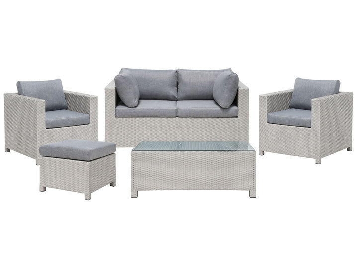 Milano Pe Garden Lounge Set with Table and Ottoman 4 Seater Rattan Light Grey