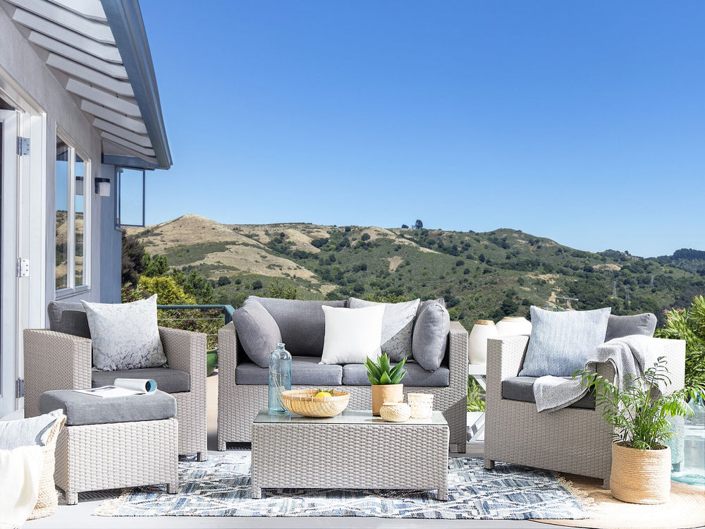 Milano Pe Garden Lounge Set with Table and Ottoman 4 Seater Rattan Light Grey