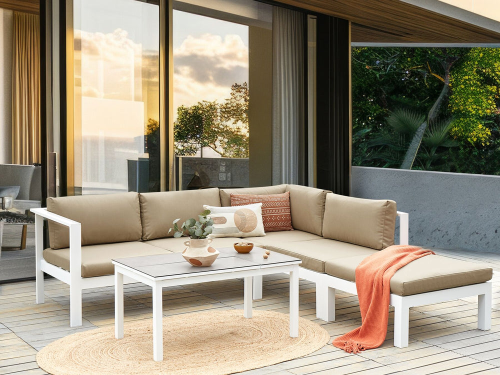 Messina Garden Corner Sofa with Table 5 Seater Left Hand Metal Sand Beige