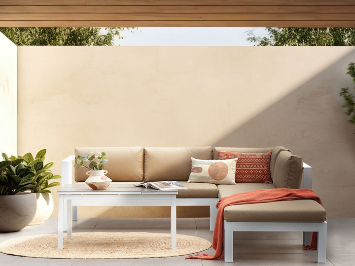 Messina Garden Corner Sofa with Table 5 Seater Left Hand Metal Sand Beige