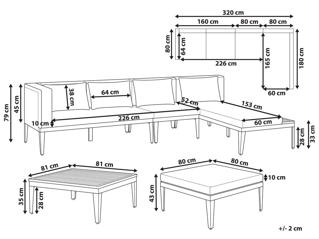 Bracciano Garden Lounge Set with Table and Ottoman 4 Seater Left Hand Certified Acacia Wood Light Beige