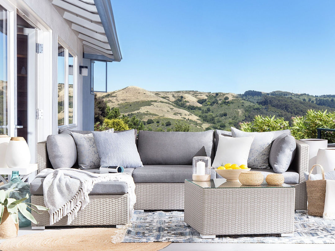 Sano Garden Corner Sofa with Table 4 Seater Right Hand Modular PE Rattan Light Grey