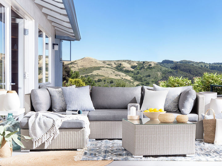 Sano Garden Corner Sofa with Table 4 Seater Right Hand Modular PE Rattan Light Grey