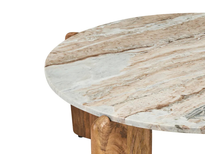 Round marble table with wooden legs on a white background