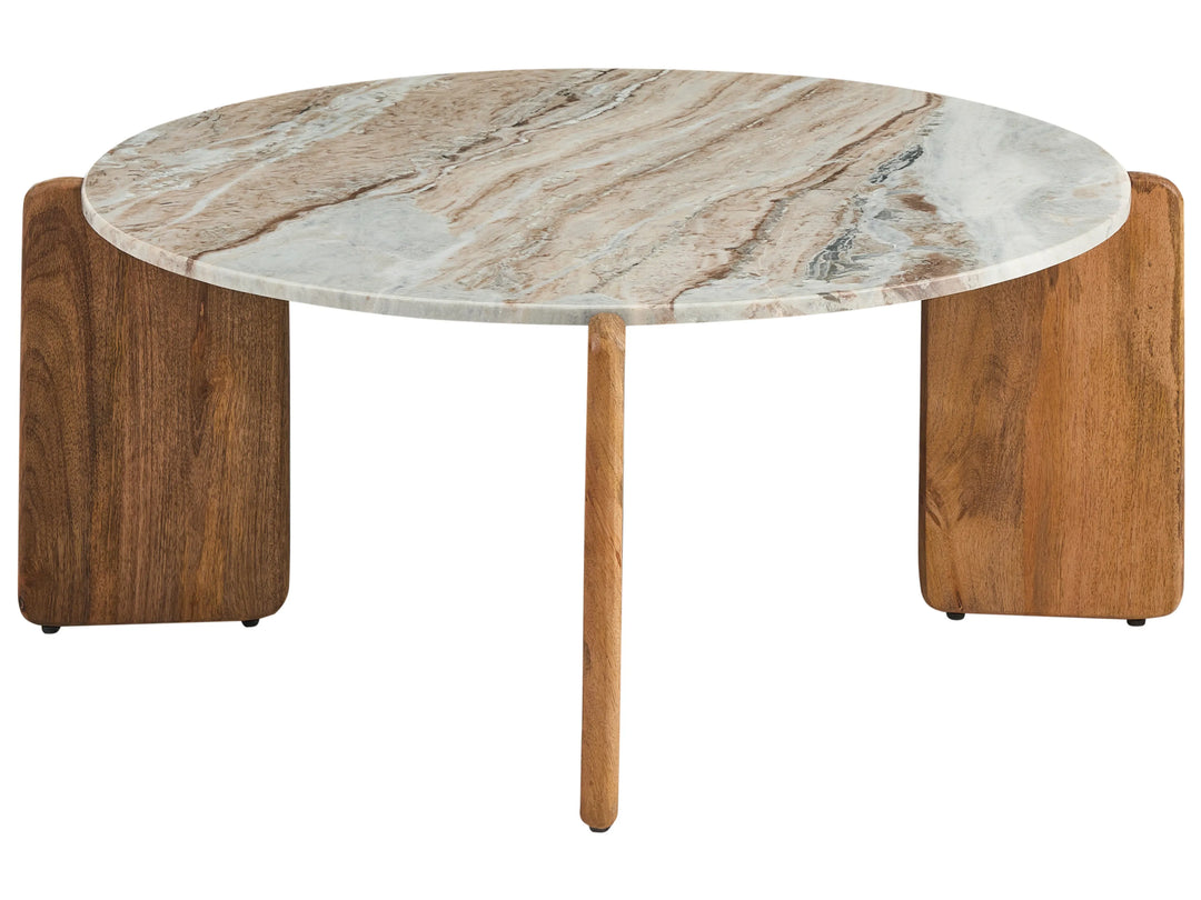 Round coffee table with marble top and wooden legs on a white background