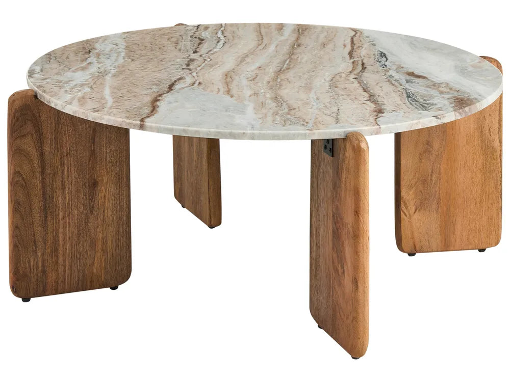 Round marble table with wooden legs on a white background