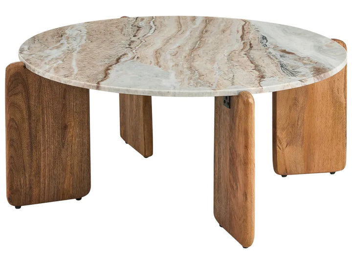 Round marble table with wooden legs on a white background