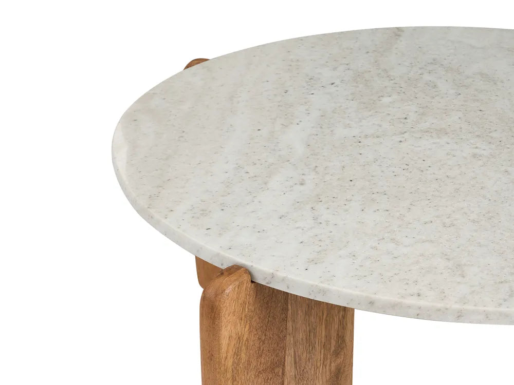 Round table with marble top and wooden legs on a white background