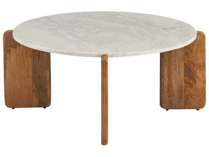 Round coffee table with marble top and wooden legs on a white background