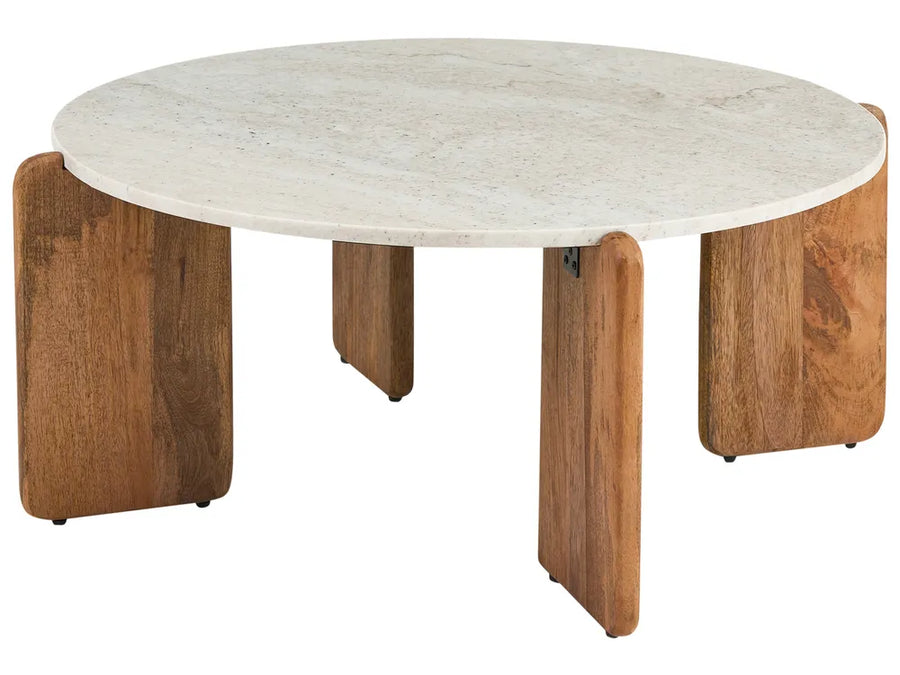 Round coffee table with marble top and wooden legs on a white background