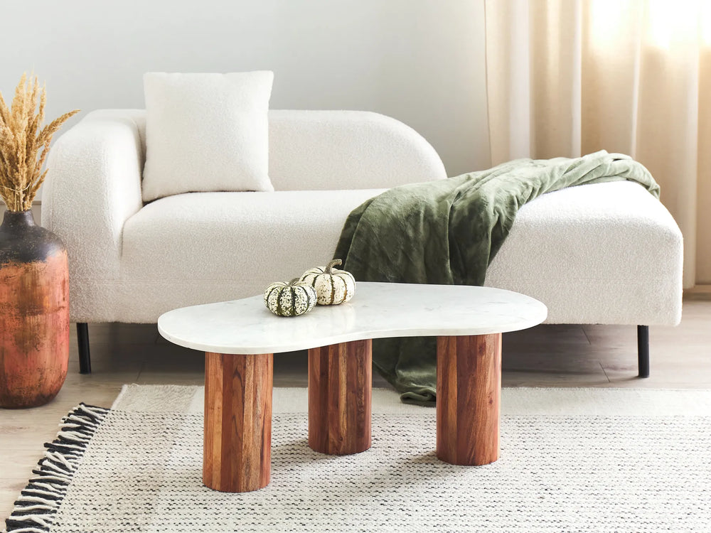 Modern living room with a white sofa, wooden coffee table, and decorative elements.