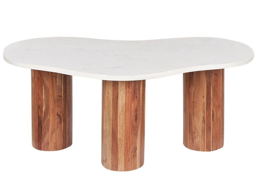Dining table with white top and wooden legs on a white background