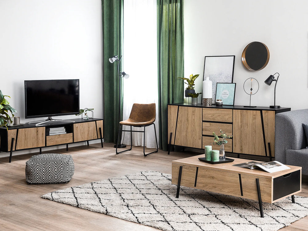 Modern living room with wooden furniture, TV, and decor items.