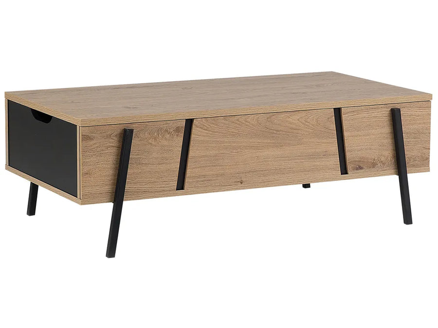 Wooden coffee table with black legs on a white background