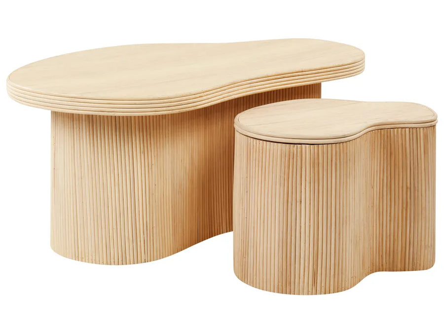 Wooden coffee table and ottoman set on a white background