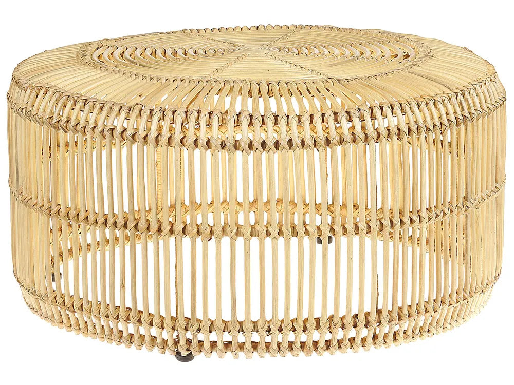 Woven rattan ottoman on a white background