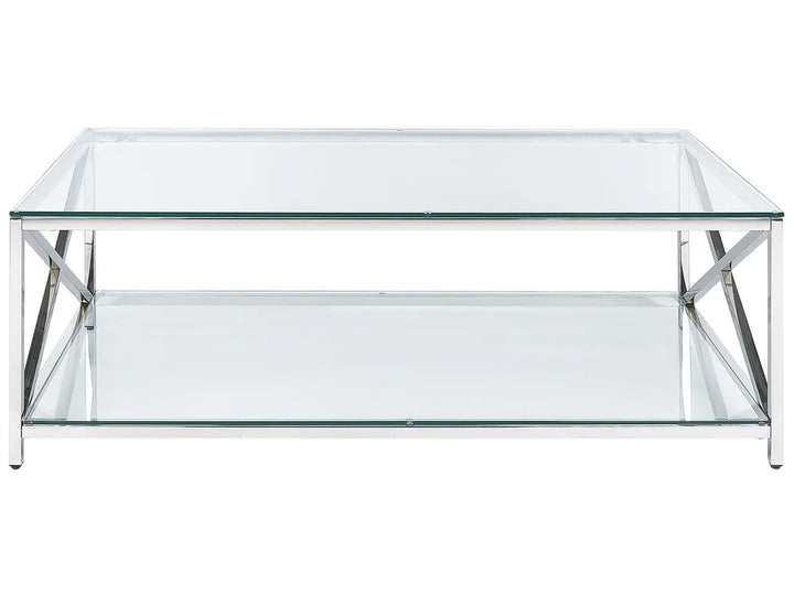 Glass coffee table with metal frame on a white background