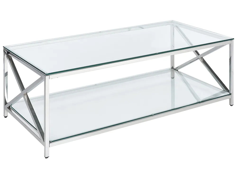 Glass coffee table with metal frame on a white background