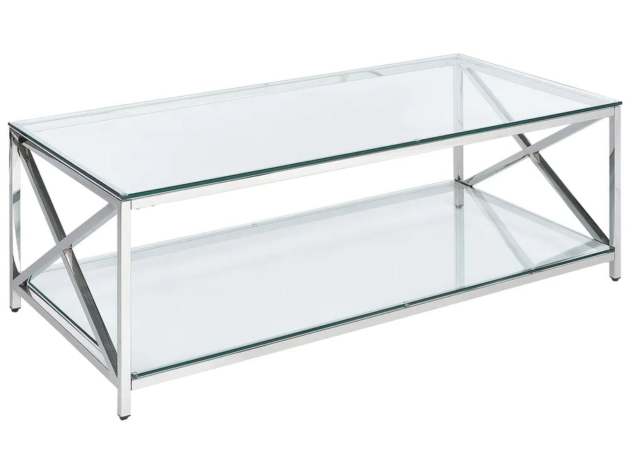 Glass coffee table with metal frame on a white background