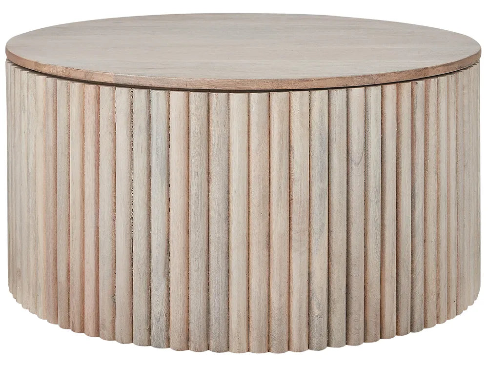Round wooden coffee table with a ribbed surface design on a white background