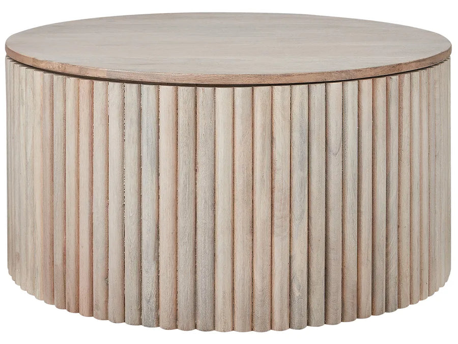 Round wooden coffee table with a ribbed surface design on a white background