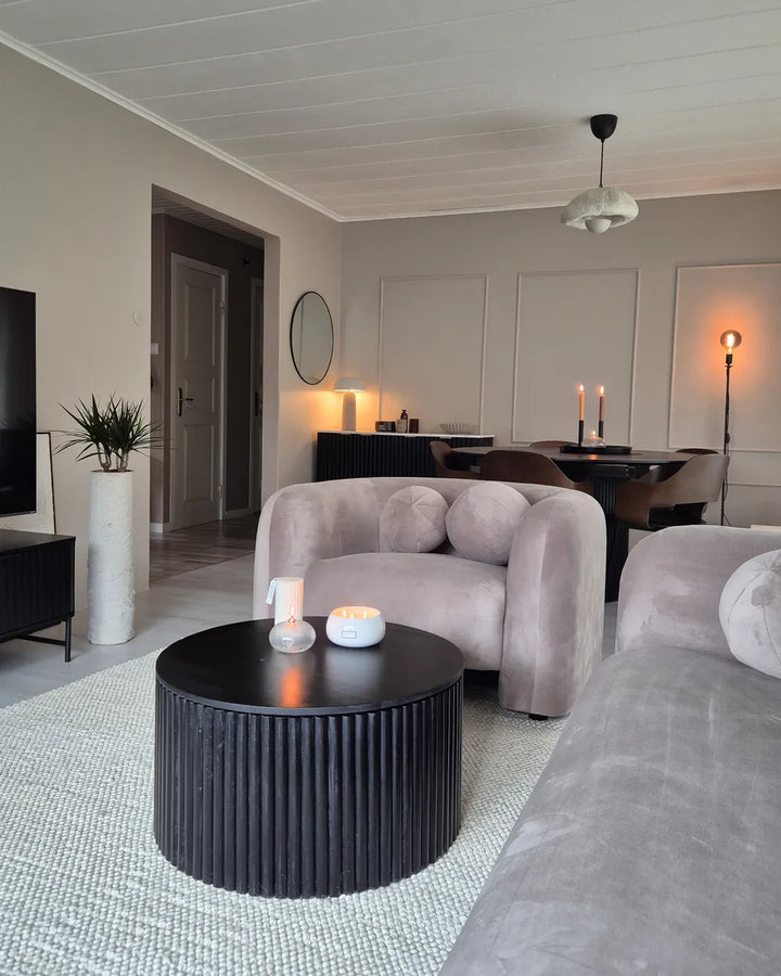 Modern living room with gray sofa, black coffee table, and decorative elements.