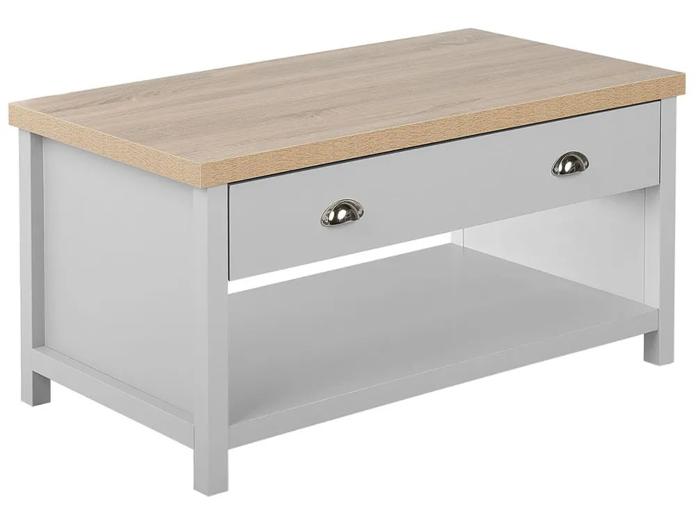 Coffee table with wooden top and gray base on a white background